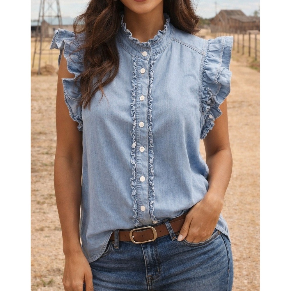 Elan Women Light Wash Ruffle Denim Sleeveless Button Down Top S NWT